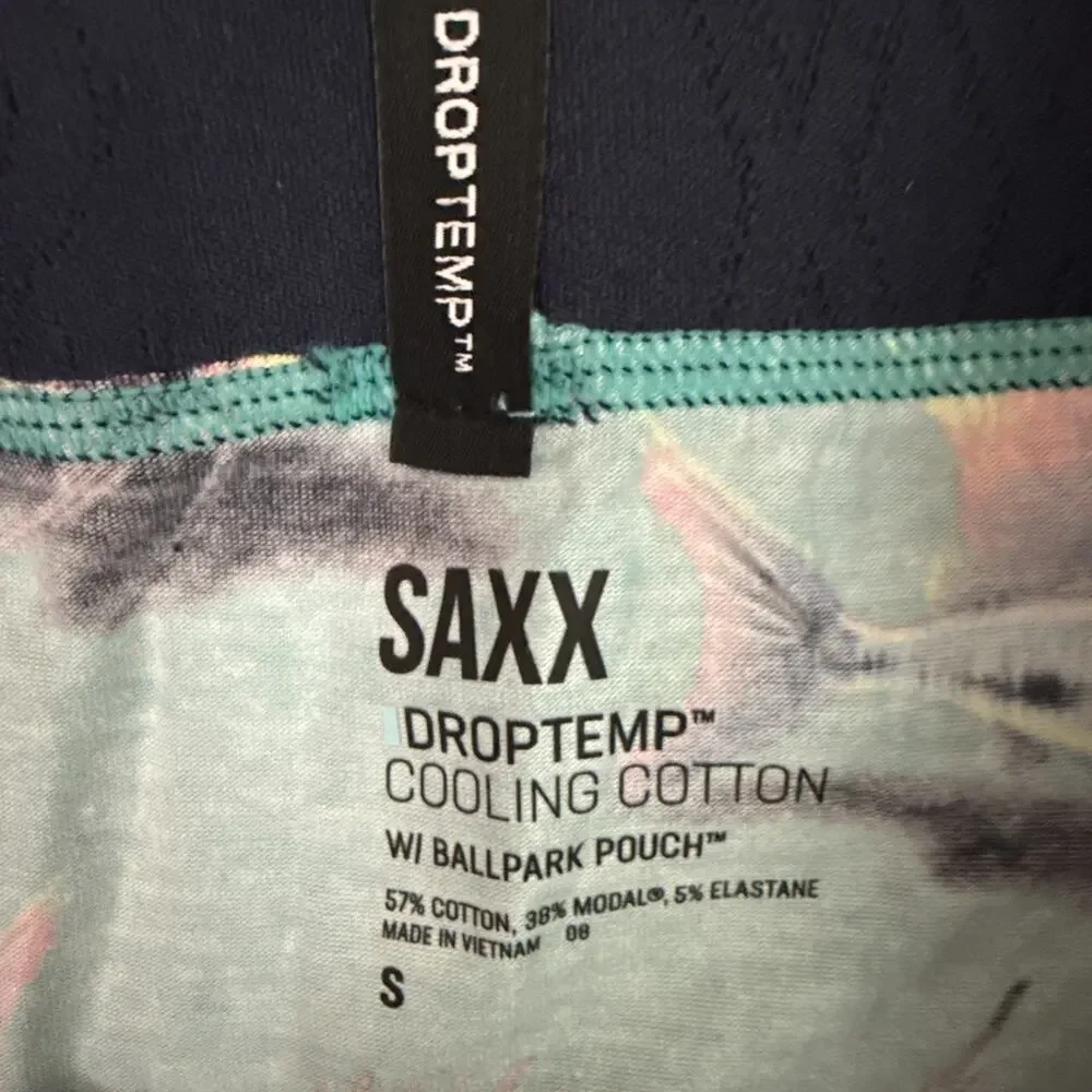 Saxx DropTemp Boxer Briefs Men Small Teal Fish Print Ballpark Pouch NWT